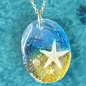 Ocean Starfish Resin Pendant Necklace - Blue & Yellow